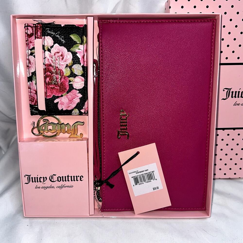 Juicy Couture Raspberry Tart Wallet Floral Card Holder Keychain Gift Set NIB